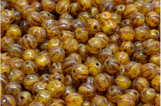 Melon Beads, Yellow Travertin (R0812-86800), Glass, Czech Republic