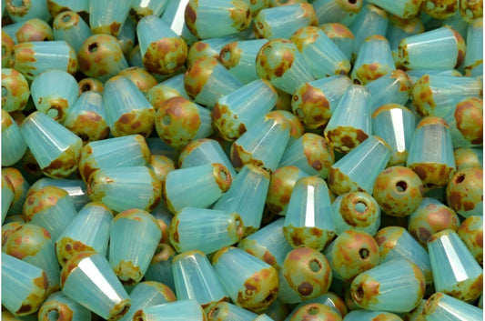 ファセット加工のファイアポリッシュ仕上げのティアドロップビーズ、オパールアクアステインストロング（61010-86805）、ガラス、チェコ共和国