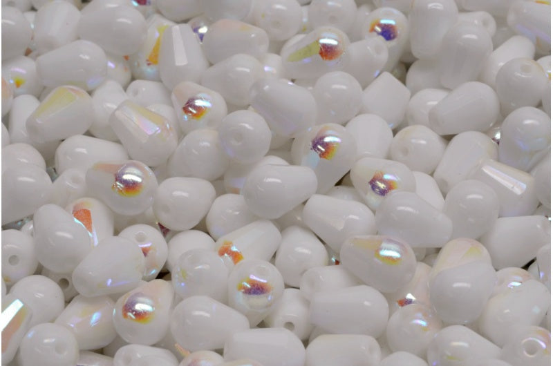 Faceted Fire polished Teardrop Beads, Chalk White Ab (03000-28701), Glass, Czech Republic