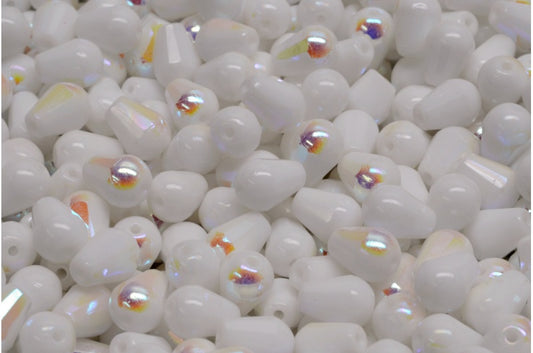 Faceted Fire polished Teardrop Beads, Chalk White Ab (03000-28701), Glass, Czech Republic