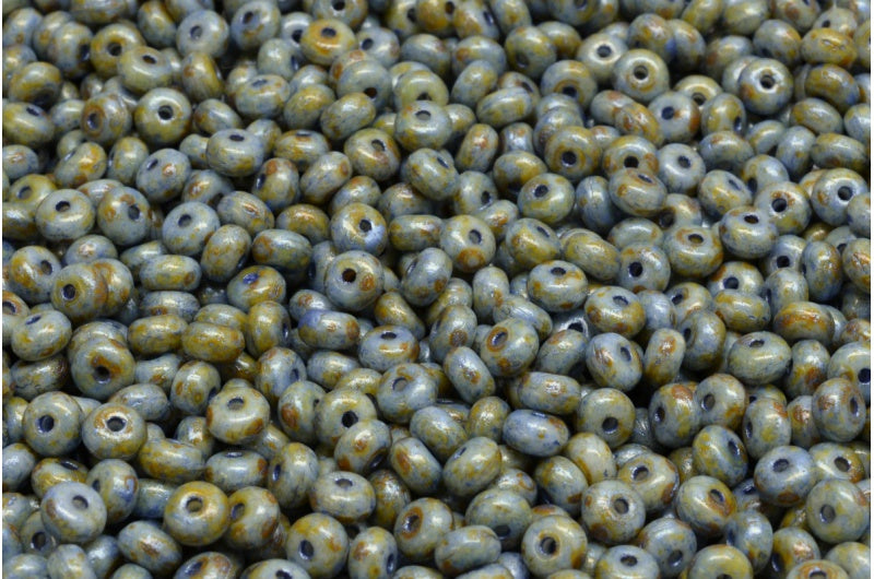 Rondelle Druck Beads, White Green Luster Spotted (02010-65325), Glass, Czech Republic