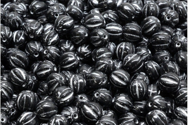 Melon Beads, Black Silver Lined (23980-54301), Glass, Czech Republic