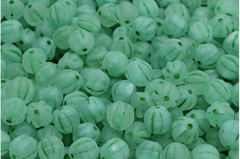 Melon Beads, R0632 Green Lined Matte (R0632-54315-84100), Glass, Czech Republic