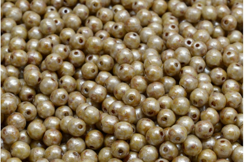 Round Druck Beads, White Cream Luster Spotted (02010-65321), Glass, Czech Republic