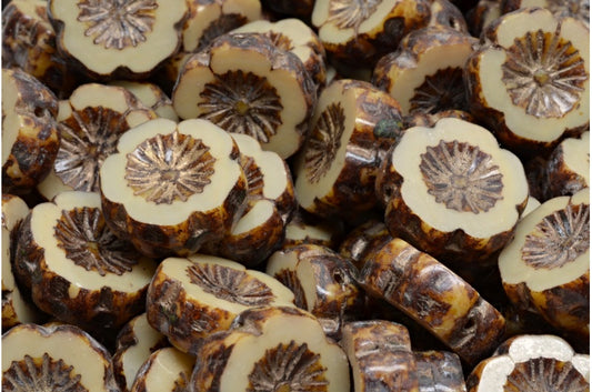 テーブルカットハワイフラワービーズ、ベージュトラバーチンゴールドライン（13020-86800-54302）、ガラス、チェコ共和国