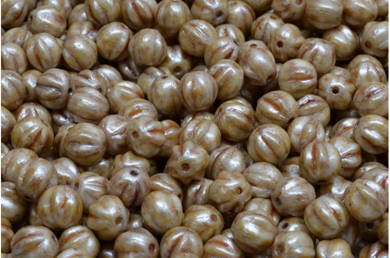 メロンビーズ、ホワイトクリームラスタースポット（02010-65321）、ガラス、チェコ共和国