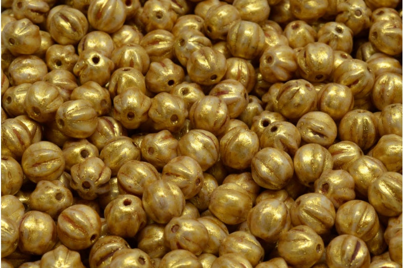 Melon Beads, White Gold Luster Spotted (02010-65322), Glass, Czech Republic