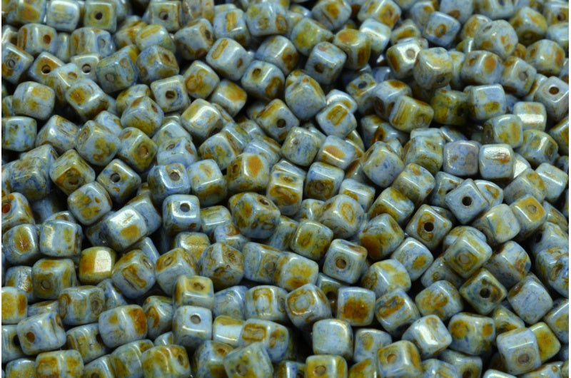 Cube Beads, White Green Luster Spotted (02010-65325), Glass, Czech Republic