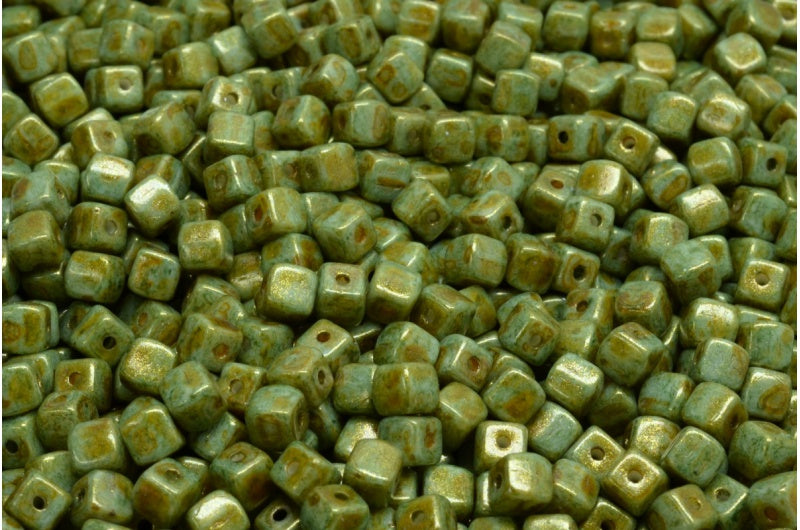 Cube Beads, White Brown Luster Spotted (02010-65326), Glass, Czech Republic