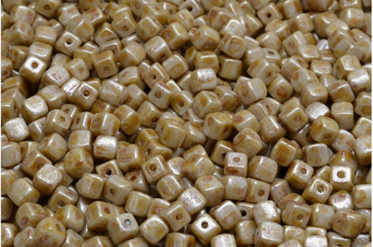 Cube Beads, White Cream Luster Spotted (02010-65321), Glass, Czech Republic