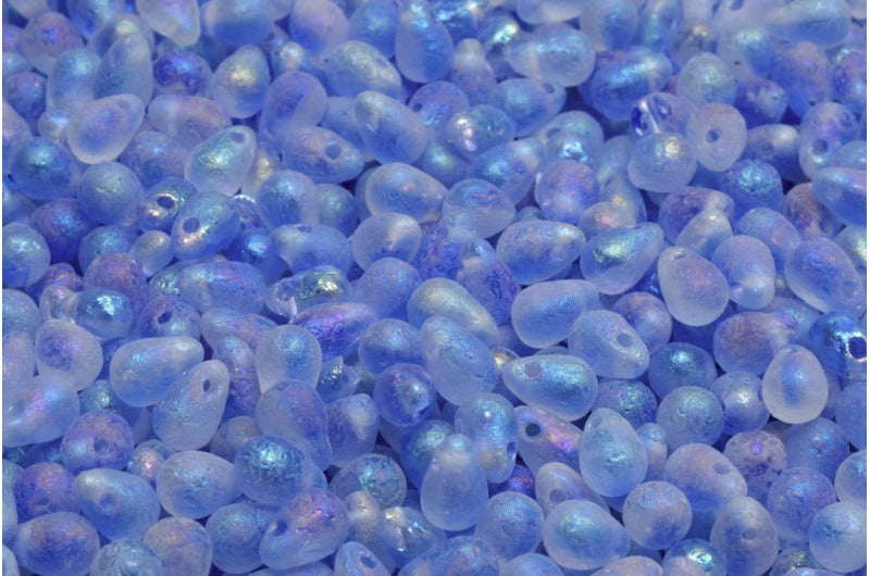 OUTLET 10 grams Drop Beads, 4 x 6 mm, Mixed Crystal Blue Etched Rainbow Iris (37008-ETCH-21405), Glass, Czech Republic