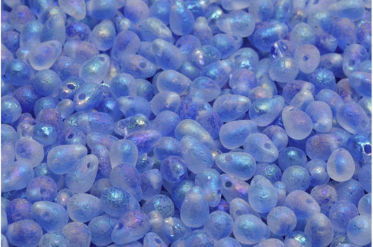 OUTLET 10 grams Drop Beads, 4 x 6 mm, Mixed Crystal Blue Etched Rainbow Iris (37008-ETCH-21405), Glass, Czech Republic
