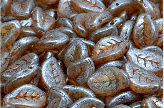 OUTLET 10克波浪叶珠，9 x 14毫米，水晶哑光奶油色斑点（00030-84100-65321），玻璃，捷克共和国