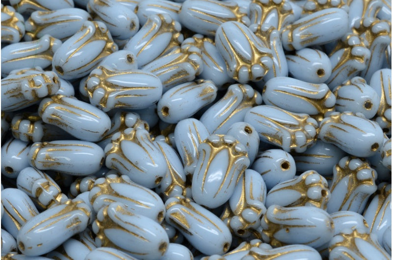 Tulip Bud Beads, Light Blue Gold Lined (33000-54302), Glass, Czech Republic