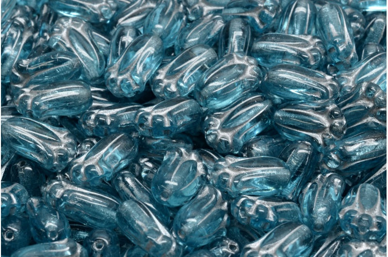 Tulpenknospenperlen, transparentes Aqua mit Silberfutter (60000-54301), Glas, Tschechische Republik