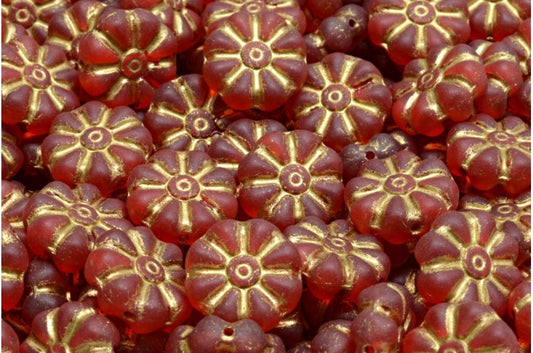 Asterisk Flower Beads, Transparent Red Matte Gold Lined (90050-84100-54302), Glass, Czech Republic