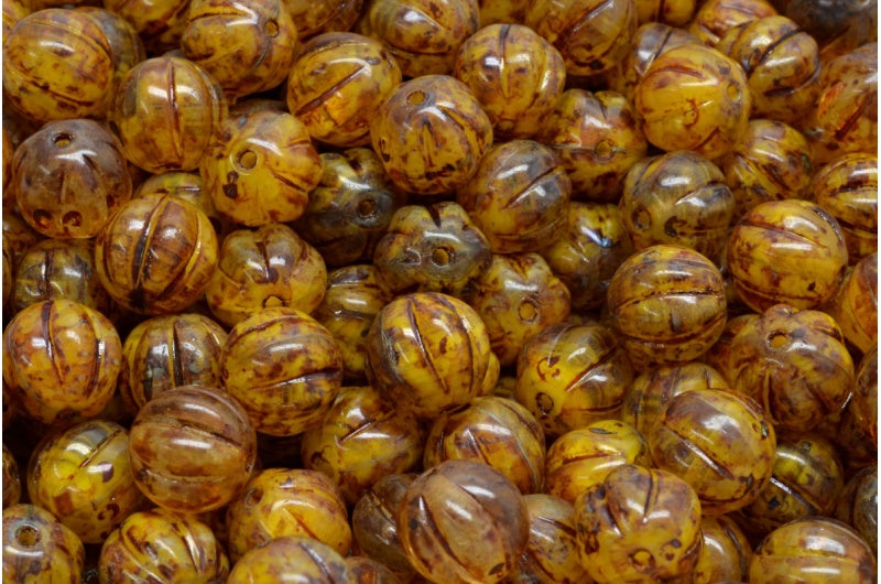 Melon Beads, Yellow Travertin (R0812-86800), Glass, Czech Republic