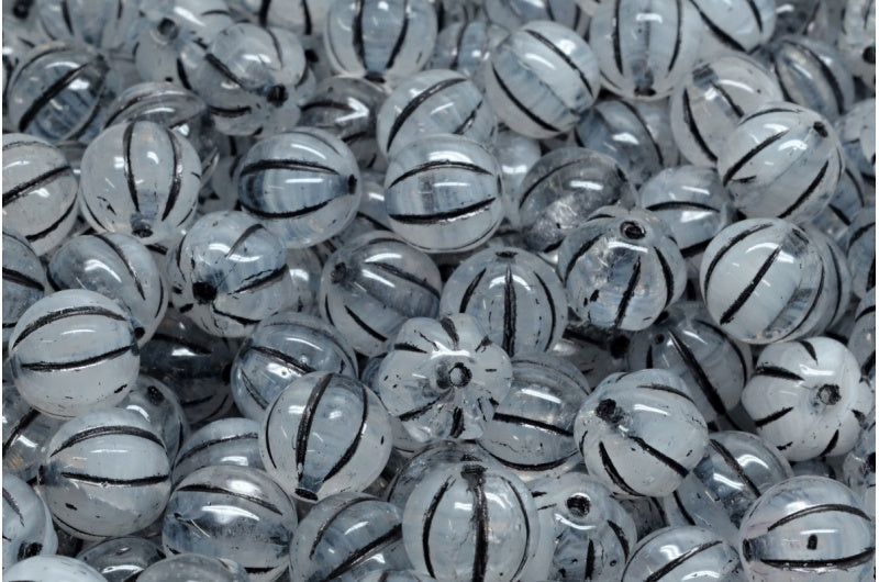 Melon Beads, White Black Lined (R0201-46441), Glass, Czech Republic