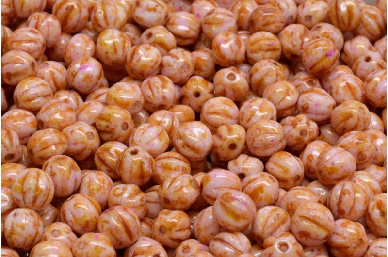 Melon Beads, White Pink Beige Luster Spotted (02010-65323), Glass, Czech Republic