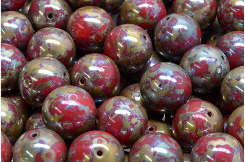 Round Druck Beads, Opaque Red Picasso (93200-43400), Glass, Czech Republic