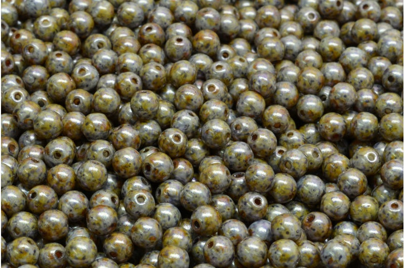 Round Druck Beads, White Purple Brown Luster Spotted (02010-65329), Glass, Czech Republic