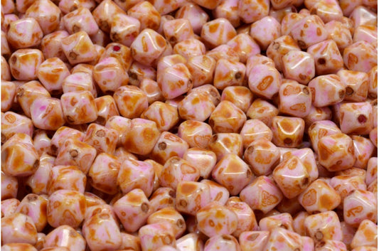 Bicone Beads, White Pink Beige Luster Spotted (02010-65323), Glass, Czech Republic