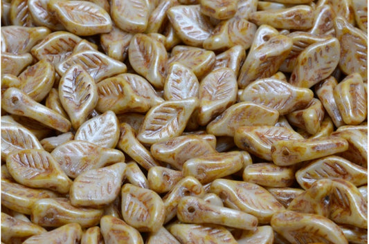 Bay Leaf Beads, White Cream Luster Spotted (02010-65321), Glass, Czech Republic