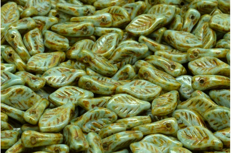 月桂叶珠，白色棕色光泽斑点 (02010-65326)，玻璃，捷克共和国