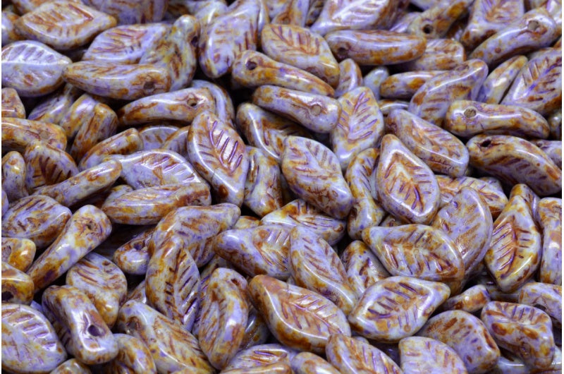 Bay Leaf Beads, White Travertin Puprple (02010-65328), Glass, Czech Republic