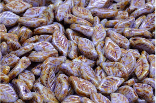 Bay Leaf Beads, White Travertin Puprple (02010-65328), Glass, Czech Republic