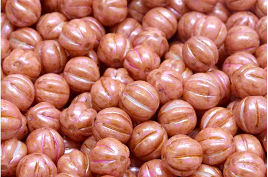 Melon Beads, White Pink Beige Luster Spotted (02010-65323), Glass, Czech Republic