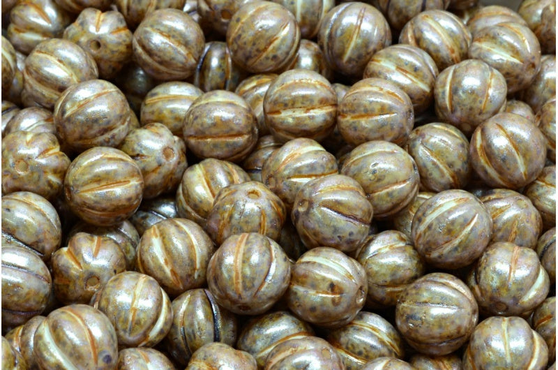 Melon Beads, White Purple Brown Luster Spotted (02010-65329), Glass, Czech Republic