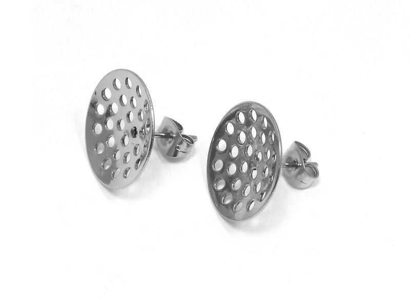 Stud Earring Findings with a mesh of approx. 16 mm and stopper, Stainless Steel 304