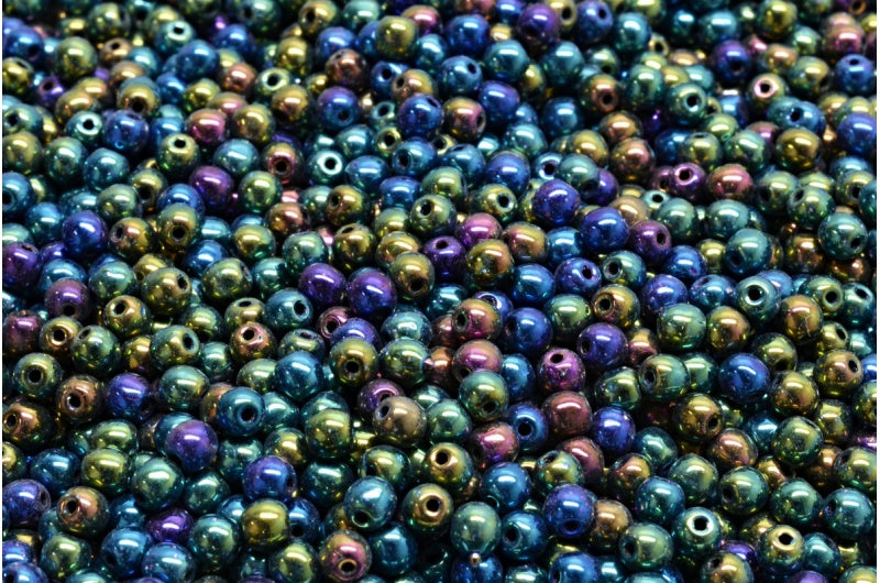 ラウンドドラックビーズ、ブラックグリーンアイリス（23980-21455）、ガラス、チェコ共和国