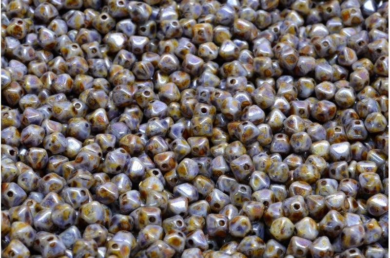 双锥珠，白色紫色棕色光泽斑点 (02010-65329)，玻璃，捷克共和国