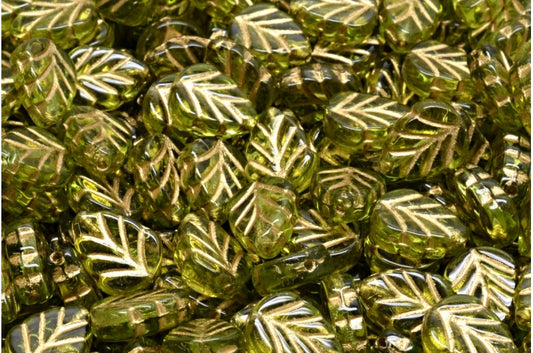 Mint Leaf Beads, Transparent Green Gold Lined (50220-54202), Glass, Czech Republic