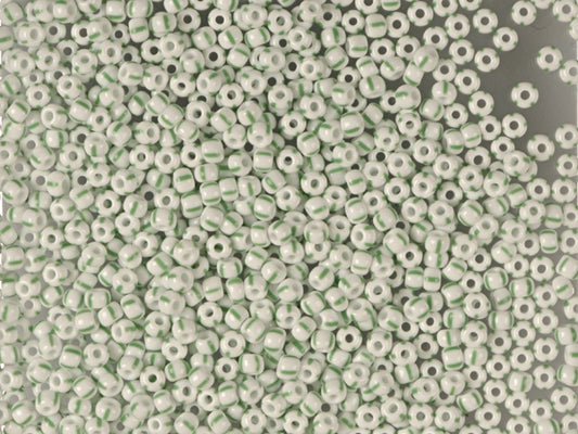 1 kg Preciosa Ornela Rola, Round Hole, Loose, Green Stripes On Chalkwhite (03850), Glass, Czech Republic, OUTLET