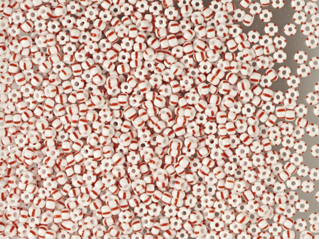 1 kg Preciosa Ornela Seed Beads, Round Hole, Loose, Red Stripes On Chalkwhite (03890), Glass, Czech Republic, OUTLET