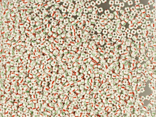 プレシオサ・オルネラ シードビーズ 1kg 丸穴 ルース チョークホワイトに赤と緑のストライプ (03950) ガラス チェコ共和国 アウトレット