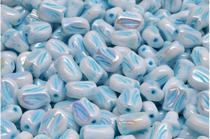 Mini Tulip Beads, White Ab Full (2X Side) Light Blue Lined (02010-28703-54308), Glass, Czech Republic