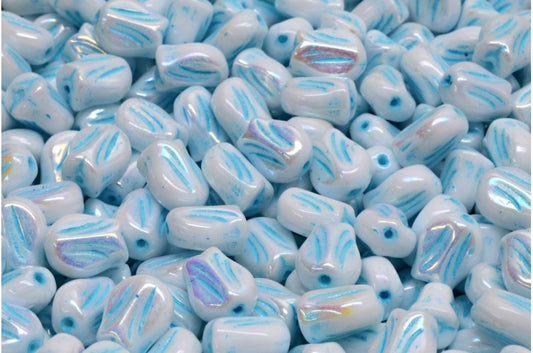 Mini Tulip Beads, White Ab Full (2X Side) Light Blue Lined (02010-28703-54308), Glass, Czech Republic