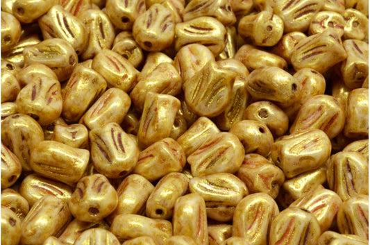 Mini Tulip Beads, White Gold Luster Spotted (02010-65322), Glass, Czech Republic