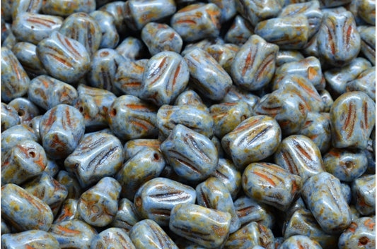 Mini Tulip Beads, White Green Luster Spotted (02010-65325), Glass, Czech Republic