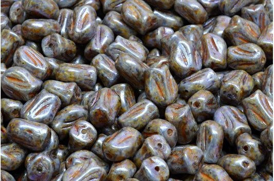 Mini Tulip Beads, White Purple Brown Luster Spotted (02010-65329), Glass, Czech Republic
