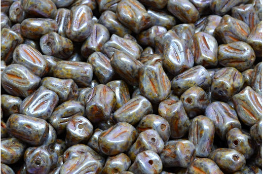 OUTLET 10 grams Mini Tulip Beads, 9 x 7 mm, White Purple Brown Luster Spotted (02010-65329), Glass, Czech Republic