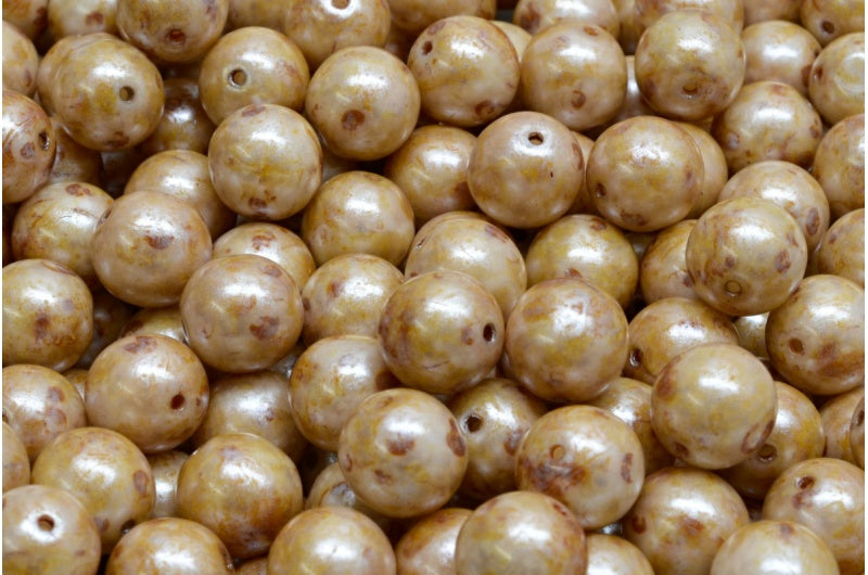 Round Druck Beads, White Cream Luster Spotted (02010-65321), Glass, Czech Republic