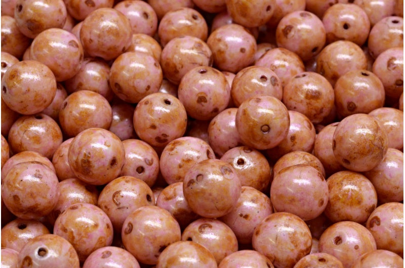 Round Druck Beads, White Pink Beige Luster Spotted (02010-65323), Glass, Czech Republic