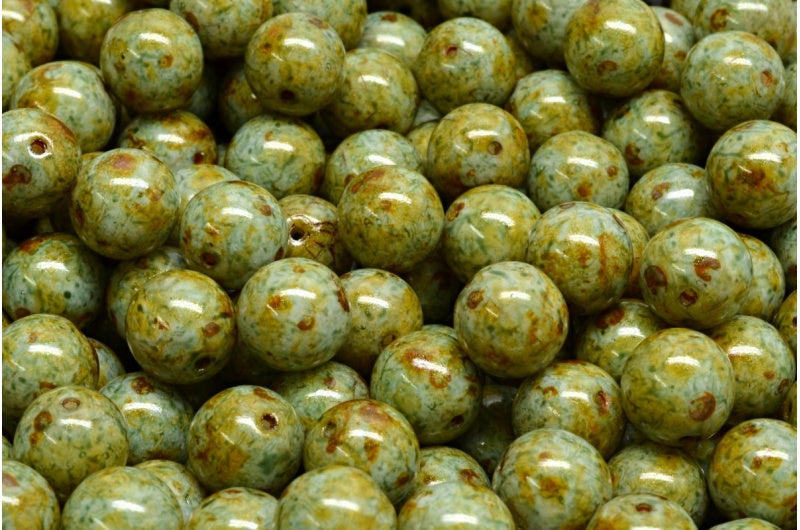 ラウンドドラックビーズ、ホワイトブラウンラスタースポット（02010-65326）、ガラス、チェコ共和国