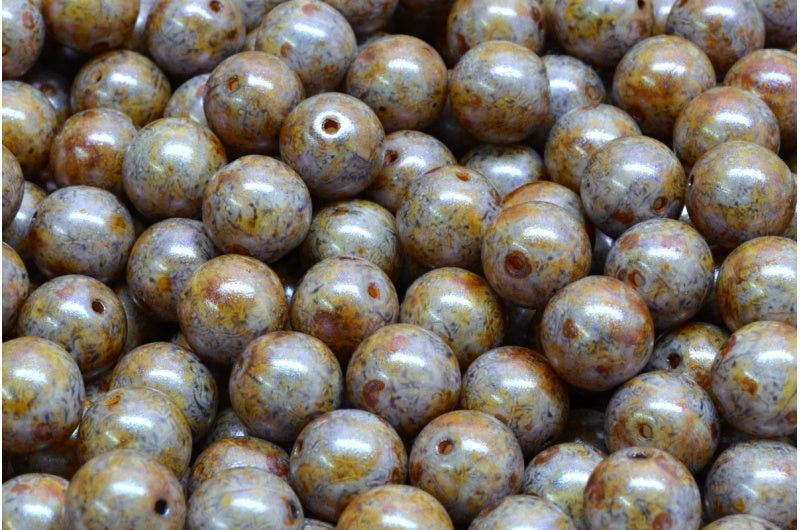 ラウンドドラックビーズ、白紫茶色光沢斑点（02010-65329）、ガラス、チェコ共和国