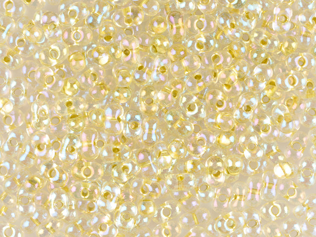 Wholesale (1kg / 500g) Preciosa Ornela Seed Beads Coated, Round Hole, Loose, Crystal, Metallic Colour Lined Yellow, Rainbow (68486), Glass, Czech Republic, OUTLET